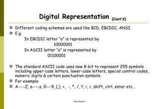 Different coding schemes are used like BCD, EBCDIC, ANSI.  E.g.  In EBCDIC letter “a” is represented by  10000001   In ASCII letter “a” is represented by    01100001  The standard ASCII code uses now 8-bit to represent 255 symbols including upper-case letters, lower-case letters, special control codes, numeric digits & certain punctuation symbols.  For example A----Z, a----z, 0---9, (,), +,  -, *, /, ?, <, >, shift, ctrl, enter etc…  Digital Representation  (Cont’d) 