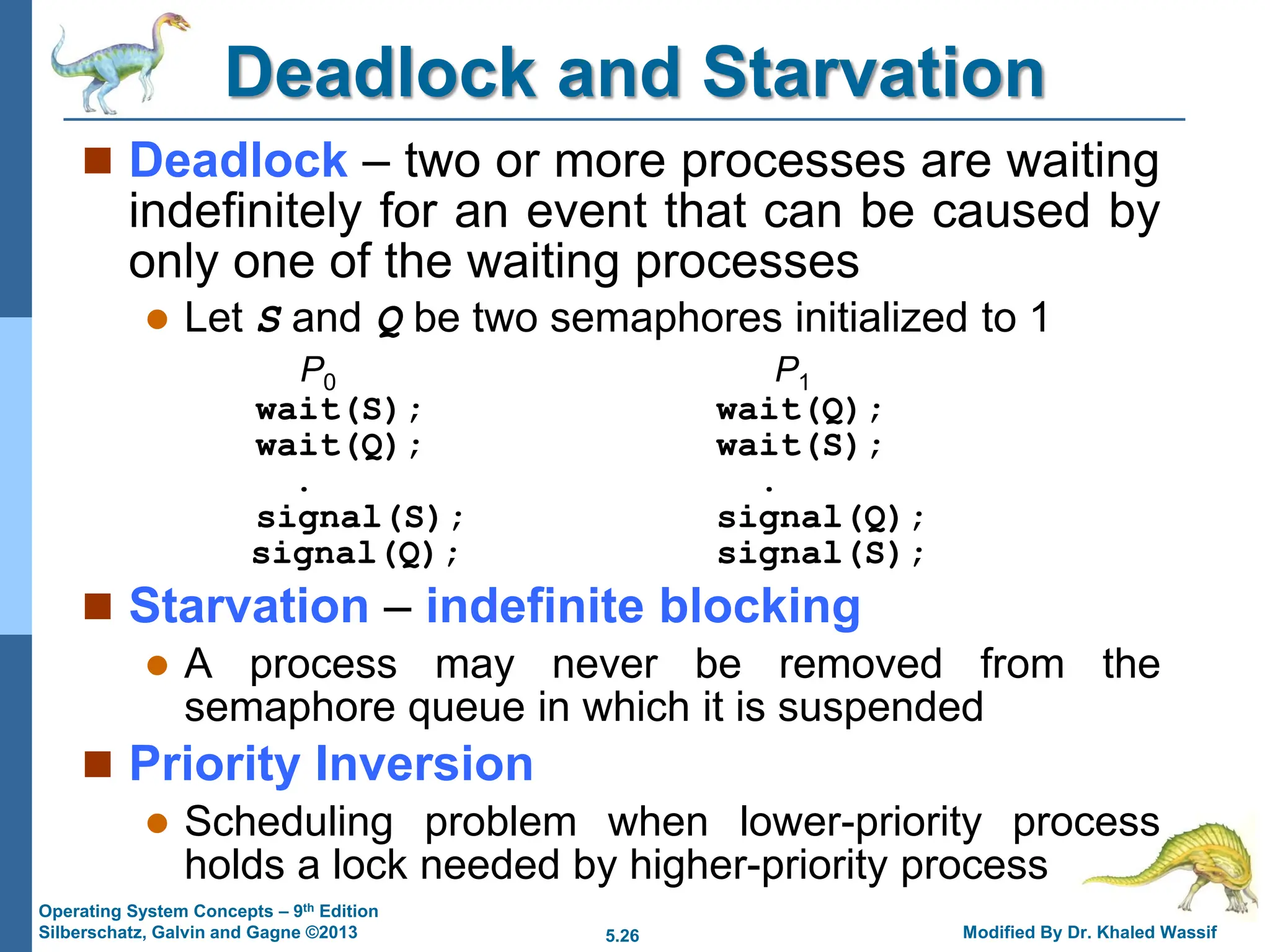 5.26 Modified By Dr. Khaled Wassif
Operating System Concepts – 9th Edition
Silberschatz, Galvin and Gagne ©2013
Deadlock and Starvation
 Deadlock – two or more processes are waiting
indefinitely for an event that can be caused by
only one of the waiting processes
 Let S and Q be two semaphores initialized to 1
P0 P1
wait(S); wait(Q);
wait(Q); wait(S);
. .
signal(S); signal(Q);
signal(Q); signal(S);
 Starvation – indefinite blocking
 A process may never be removed from the
semaphore queue in which it is suspended
 Priority Inversion
 Scheduling problem when lower-priority process
holds a lock needed by higher-priority process
 