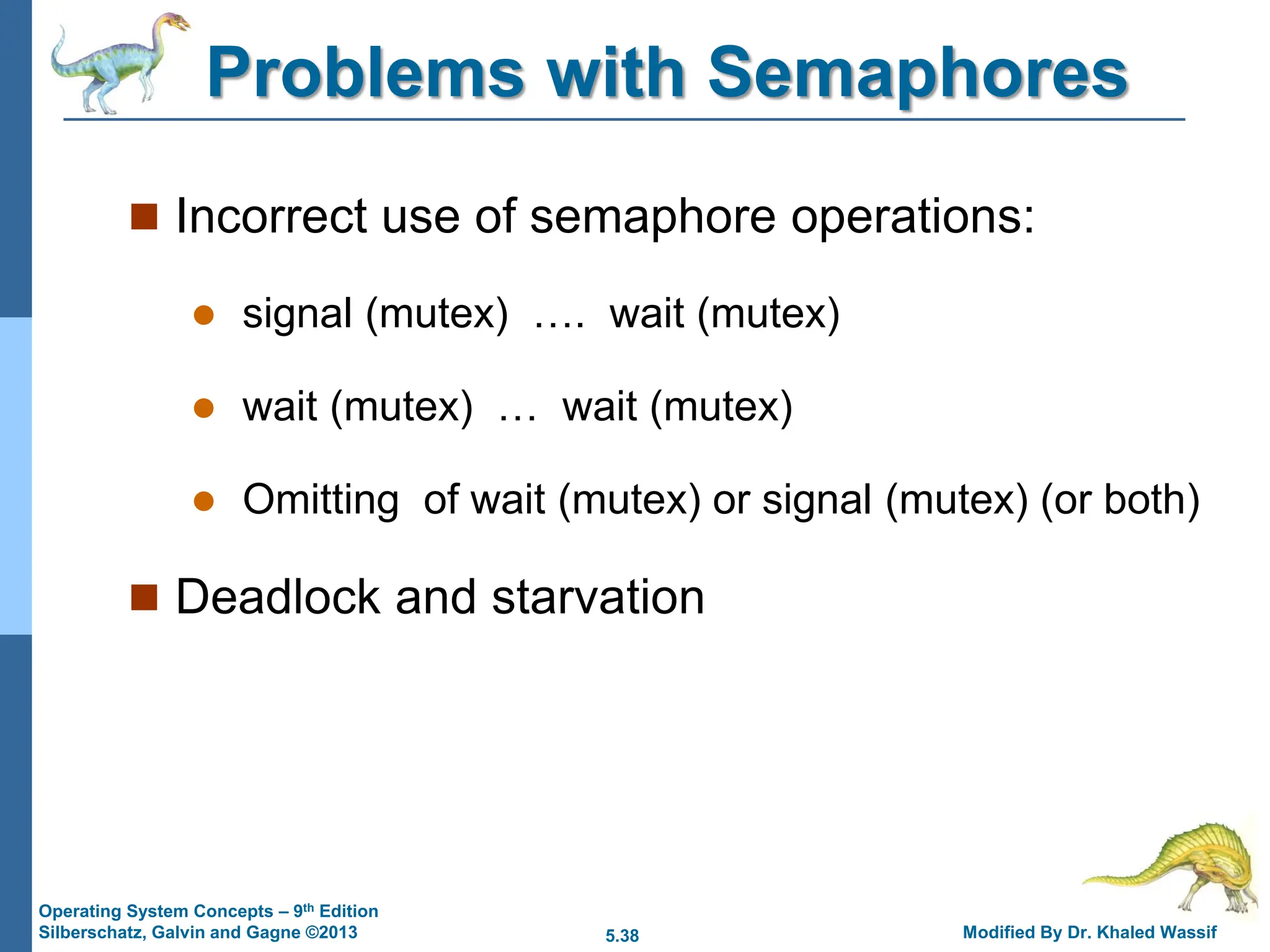 5.38 Modified By Dr. Khaled Wassif
Operating System Concepts – 9th Edition
Silberschatz, Galvin and Gagne ©2013
Problems with Semaphores
 Incorrect use of semaphore operations:
 signal (mutex) …. wait (mutex)
 wait (mutex) … wait (mutex)
 Omitting of wait (mutex) or signal (mutex) (or both)
 Deadlock and starvation
 