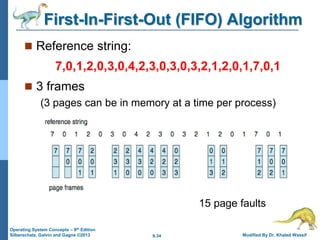 9.34 Modified By Dr. Khaled Wassif
Operating System Concepts – 9th Edition
Silberschatz, Galvin and Gagne ©2013
First-In-First-Out (FIFO) Algorithm
 Reference string:
7,0,1,2,0,3,0,4,2,3,0,3,0,3,2,1,2,0,1,7,0,1
 3 frames
(3 pages can be in memory at a time per process)
15 page faults
 