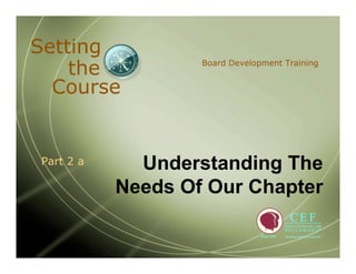 Setting
    the            Board Development Training


  Course


             Understanding The
Part 2 a

           Needs Of Our Chapter