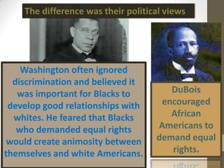 The difference was their political views Washington often ignored discriminationand believed it was important for Blacks to develop good relationships with whites. He feared that Blacks who demanded equal rights would create animosity between themselves and white Americans.DuBoisencouraged African Americans to demand equal rights. 