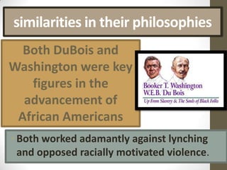 similarities in their philosophiesBoth DuBois and Washington were key figures in the advancement of African AmericansBoth worked adamantly against lynching and opposed racially motivated violence. 