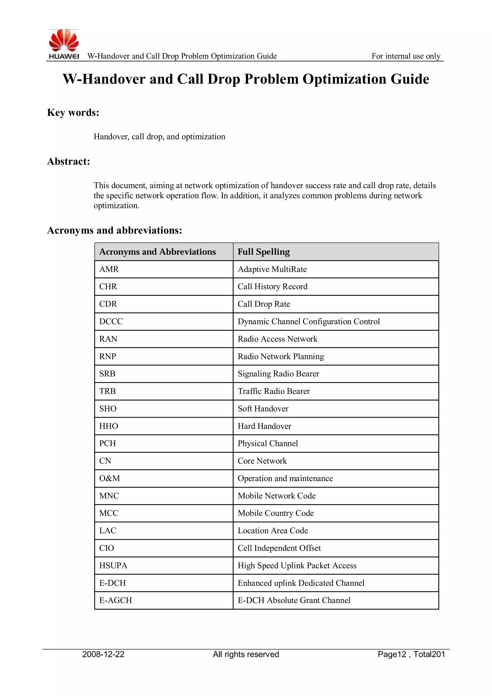 W-Handover and Call Drop Problem Optimization Guide For internal use only 
W-Handover and Call Drop Problem Optimization Guide 
Key words: 
Handover, call drop, and optimization 
Abstract: 
This document, aiming at network optimization of handover success rate and call drop rate, details 
the specific network operation flow. In addition, it analyzes common problems during network 
optimization. 
Acronyms and abbreviations: 
Acronyms and Abbreviations Full Spelling 
AMR Adaptive MultiRate 
CHR Call History Record 
CDR Call Drop Rate 
DCCC Dynamic Channel Configuration Control 
RAN Radio Access Network 
RNP Radio Network Planning 
SRB Signaling Radio Bearer 
TRB Traffic Radio Bearer 
SHO Soft Handover 
HHO Hard Handover 
PCH Physical Channel 
CN Core Network 
O&M Operation and maintenance 
MNC Mobile Network Code 
MCC Mobile Country Code 
LAC Location Area Code 
CIO Cell Independent Offset 
HSUPA High Speed Uplink Packet Access 
E-DCH Enhanced uplink Dedicated Channel 
E-AGCH E-DCH Absolute Grant Channel 
2008-12-22 All rights reserved Page12 , Total201 
 