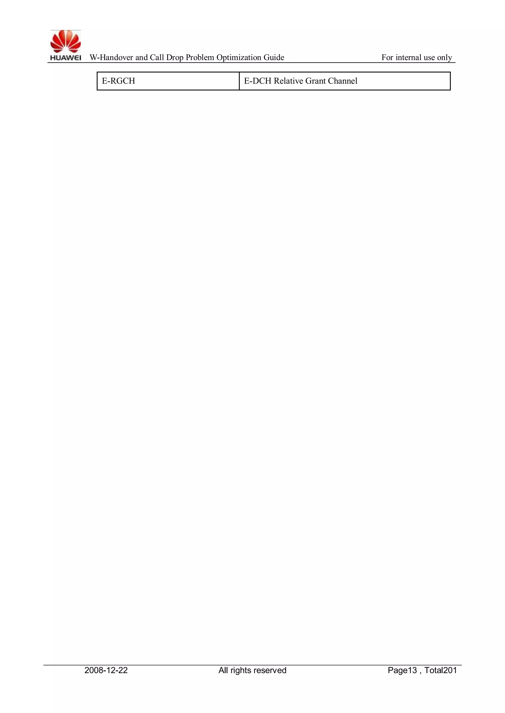 W-Handover and Call Drop Problem Optimization Guide For internal use only 
E-RGCH E-DCH Relative Grant Channel 
2008-12-22 All rights reserved Page13 , Total201 
 