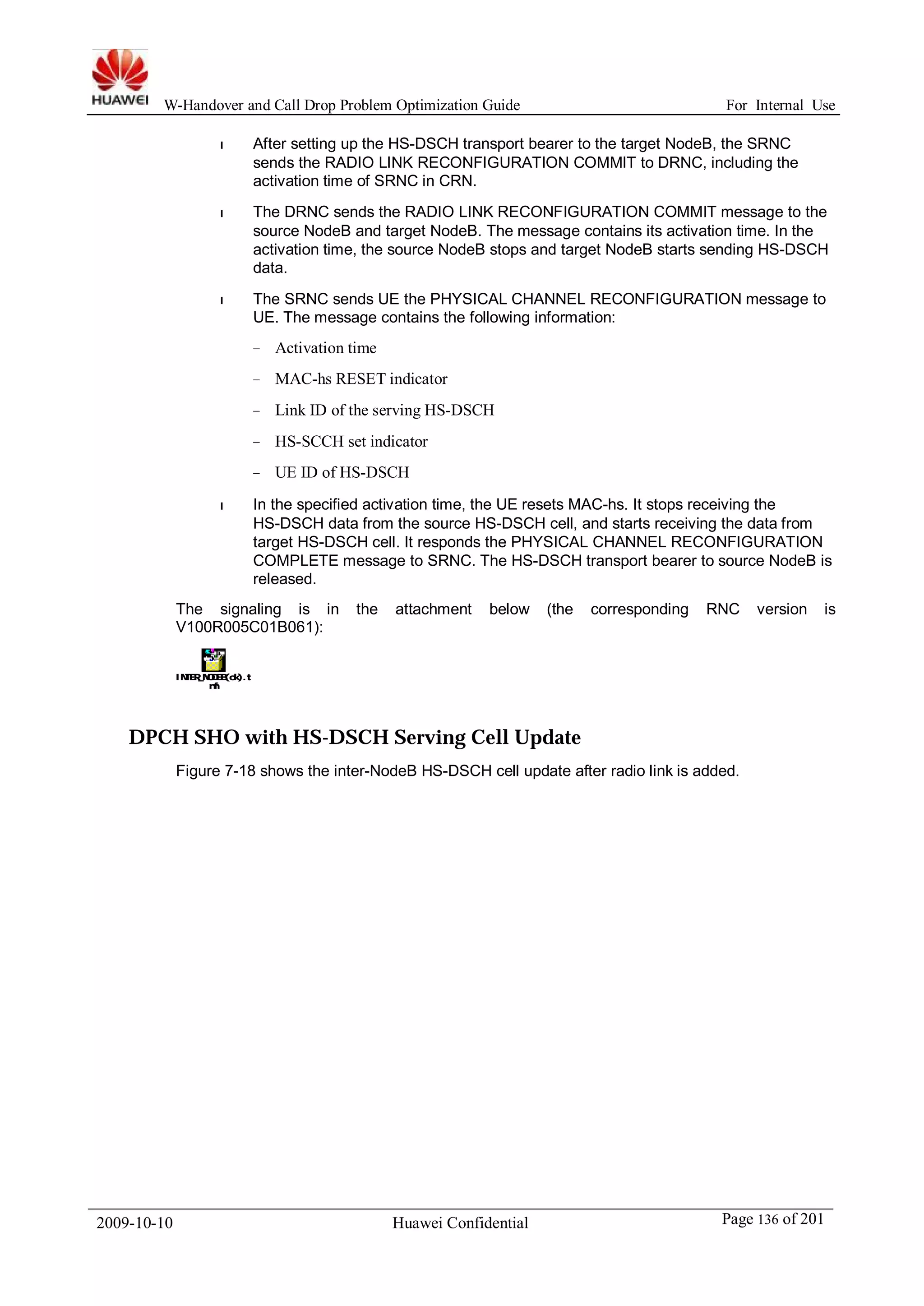 W-Handover and Call Drop Problem Optimization Guide For Internal Use 
l After setting up the HS-DSCH transport bearer to the target NodeB, the SRNC 
sends the RADIO LINK RECONFIGURATION COMMIT to DRNC, including the 
activation time of SRNC in CRN. 
l The DRNC sends the RADIO LINK RECONFIGURATION COMMIT message to the 
source NodeB and target NodeB. The message contains its activation time. In the 
activation time, the source NodeB stops and target NodeB starts sending HS-DSCH 
data. 
l The SRNC sends UE the PHYSICAL CHANNEL RECONFIGURATION message to 
UE. The message contains the following information: 
− Activation time 
− MAC-hs RESET indicator 
− Link ID of the serving HS-DSCH 
− HS-SCCH set indicator 
− UE ID of HS-DSCH 
l In the specified activation time, the UE resets MAC-hs. It stops receiving the 
HS-DSCH data from the source HS-DSCH cell, and starts receiving the data from 
target HS-DSCH cell. It responds the PHYSICAL CHANNEL RECONFIGURATION 
COMPLETE message to SRNC. The HS-DSCH transport bearer to source NodeB is 
released. 
The signaling is in the attachment below (the corresponding RNC version is 
V100R005C01B061): 
INTER_NODEB(ok).t 
mf 
DPCH SHO with HS-DSCH Serving Cell Update 
Figure 7-18 shows the inter-NodeB HS-DSCH cell update after radio link is added. 
2009-10-10 Huawei Confidential Page 136 of 201 
 