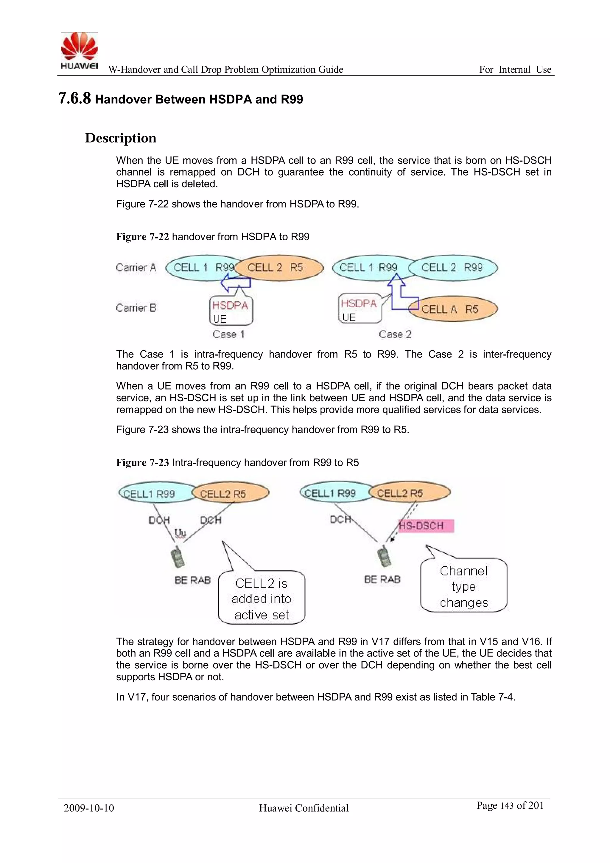 W-Handover and Call Drop Problem Optimization Guide For Internal Use 
7.6.8 Handover Between HSDPA and R99 
Description 
When the UE moves from a HSDPA cell to an R99 cell, the service that is born on HS-DSCH 
channel is remapped on DCH to guarantee the continuity of service. The HS-DSCH set in 
HSDPA cell is deleted. 
Figure 7-22 shows the handover from HSDPA to R99. 
Figure 7-22 handover from HSDPA to R99 
The Case 1 is intra-frequency handover from R5 to R99. The Case 2 is inter-frequency 
handover from R5 to R99. 
When a UE moves from an R99 cell to a HSDPA cell, if the original DCH bears packet data 
service, an HS-DSCH is set up in the link between UE and HSDPA cell, and the data service is 
remapped on the new HS-DSCH. This helps provide more qualified services for data services. 
Figure 7-23 shows the intra-frequency handover from R99 to R5. 
Figure 7-23 Intra-frequency handover from R99 to R5 
The strategy for handover between HSDPA and R99 in V17 differs from that in V15 and V16. If 
both an R99 cell and a HSDPA cell are available in the active set of the UE, the UE decides that 
the service is borne over the HS-DSCH or over the DCH depending on whether the best cell 
supports HSDPA or not. 
In V17, four scenarios of handover between HSDPA and R99 exist as listed in Table 7-4. 
2009-10-10 Huawei Confidential Page 143 of 201 
 