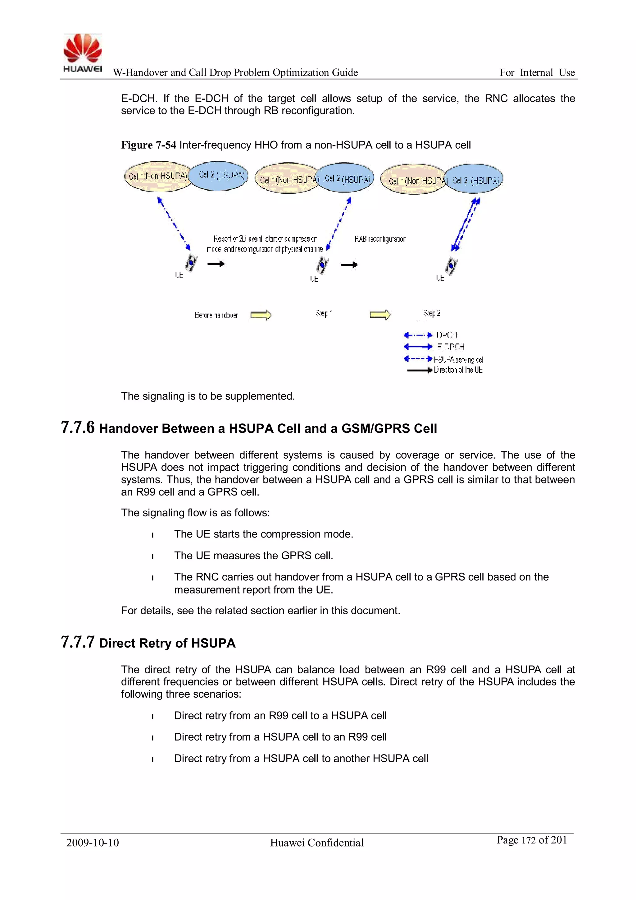 W-Handover and Call Drop Problem Optimization Guide For Internal Use 
E-DCH. If the E-DCH of the target cell allows setup of the service, the RNC allocates the 
service to the E-DCH through RB reconfiguration. 
Figure 7-54 Inter-frequency HHO from a non-HSUPA cell to a HSUPA cell 
The signaling is to be supplemented. 
7.7.6 Handover Between a HSUPA Cell and a GSM/GPRS Cell 
The handover between different systems is caused by coverage or service. The use of the 
HSUPA does not impact triggering conditions and decision of the handover between different 
systems. Thus, the handover between a HSUPA cell and a GPRS cell is similar to that between 
an R99 cell and a GPRS cell. 
The signaling flow is as follows: 
l The UE starts the compression mode. 
l The UE measures the GPRS cell. 
l The RNC carries out handover from a HSUPA cell to a GPRS cell based on the 
measurement report from the UE. 
For details, see the related section earlier in this document. 
7.7.7 Direct Retry of HSUPA 
The direct retry of the HSUPA can balance load between an R99 cell and a HSUPA cell at 
different frequencies or between different HSUPA cells. Direct retry of the HSUPA includes the 
following three scenarios: 
l Direct retry from an R99 cell to a HSUPA cell 
l Direct retry from a HSUPA cell to an R99 cell 
l Direct retry from a HSUPA cell to another HSUPA cell 
2009-10-10 Huawei Confidential Page 172 of 201 
 