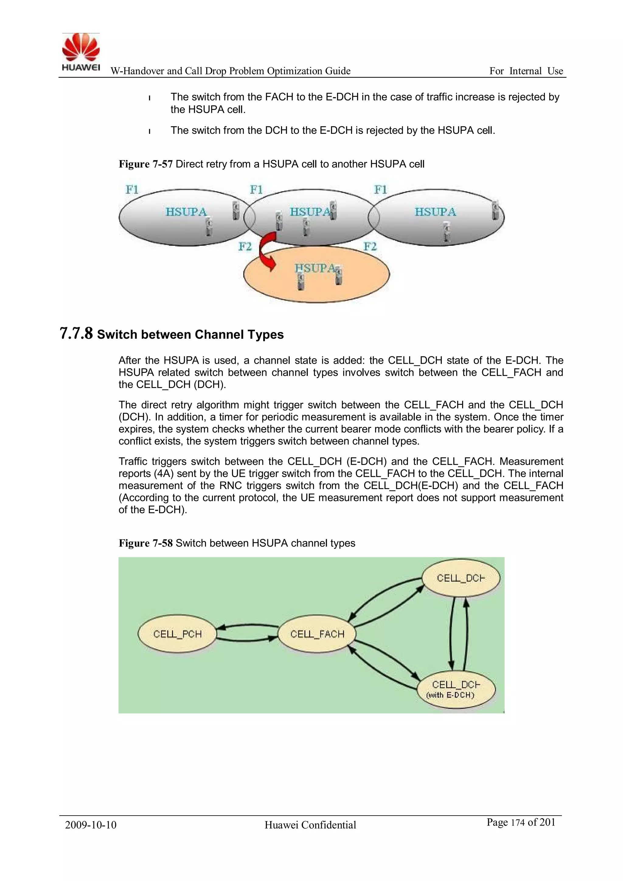 W-Handover and Call Drop Problem Optimization Guide For Internal Use 
l The switch from the FACH to the E-DCH in the case of traffic increase is rejected by 
the HSUPA cell. 
l The switch from the DCH to the E-DCH is rejected by the HSUPA cell. 
Figure 7-57 Direct retry from a HSUPA cell to another HSUPA cell 
7.7.8 Switch between Channel Types 
After the HSUPA is used, a channel state is added: the CELL_DCH state of the E-DCH. The 
HSUPA related switch between channel types involves switch between the CELL_FACH and 
the CELL_DCH (DCH). 
The direct retry algorithm might trigger switch between the CELL_FACH and the CELL_DCH 
(DCH). In addition, a timer for periodic measurement is available in the system. Once the timer 
expires, the system checks whether the current bearer mode conflicts with the bearer policy. If a 
conflict exists, the system triggers switch between channel types. 
Traffic triggers switch between the CELL_DCH (E-DCH) and the CELL_FACH. Measurement 
reports (4A) sent by the UE trigger switch from the CELL_FACH to the CELL_DCH. The internal 
measurement of the RNC triggers switch from the CELL_DCH(E-DCH) and the CELL_FACH 
(According to the current protocol, the UE measurement report does not support measurement 
of the E-DCH). 
Figure 7-58 Switch between HSUPA channel types 
2009-10-10 Huawei Confidential Page 174 of 201 
 