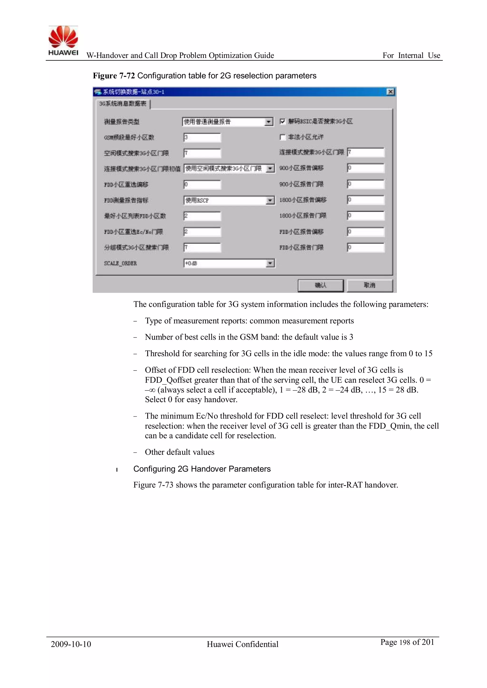 W-Handover and Call Drop Problem Optimization Guide For Internal Use 
Figure 7-72 Configuration table for 2G reselection parameters 
The configuration table for 3G system information includes the following parameters: 
− Type of measurement reports: common measurement reports 
− Number of best cells in the GSM band: the default value is 3 
− Threshold for searching for 3G cells in the idle mode: the values range from 0 to 15 
− Offset of FDD cell reselection:When the mean receiver level of 3G cells is 
FDD_Qoffset greater than that of the serving cell, the UE can reselect 3G cells. 0 = 
–∞ (always select a cell if acceptable), 1 = –28 dB, 2 = –24 dB, …, 15 = 28 dB. 
Select 0 for easy handover. 
− The minimum Ec/No threshold for FDD cell reselect: level threshold for 3G cell 
reselection: when the receiver level of 3G cell is greater than the FDD_Qmin, the cell 
can be a candidate cell for reselection. 
− Other default values 
l Configuring 2G Handover Parameters 
Figure 7-73 shows the parameter configuration table for inter-RAT handover. 
2009-10-10 Huawei Confidential Page 198 of 201 
 