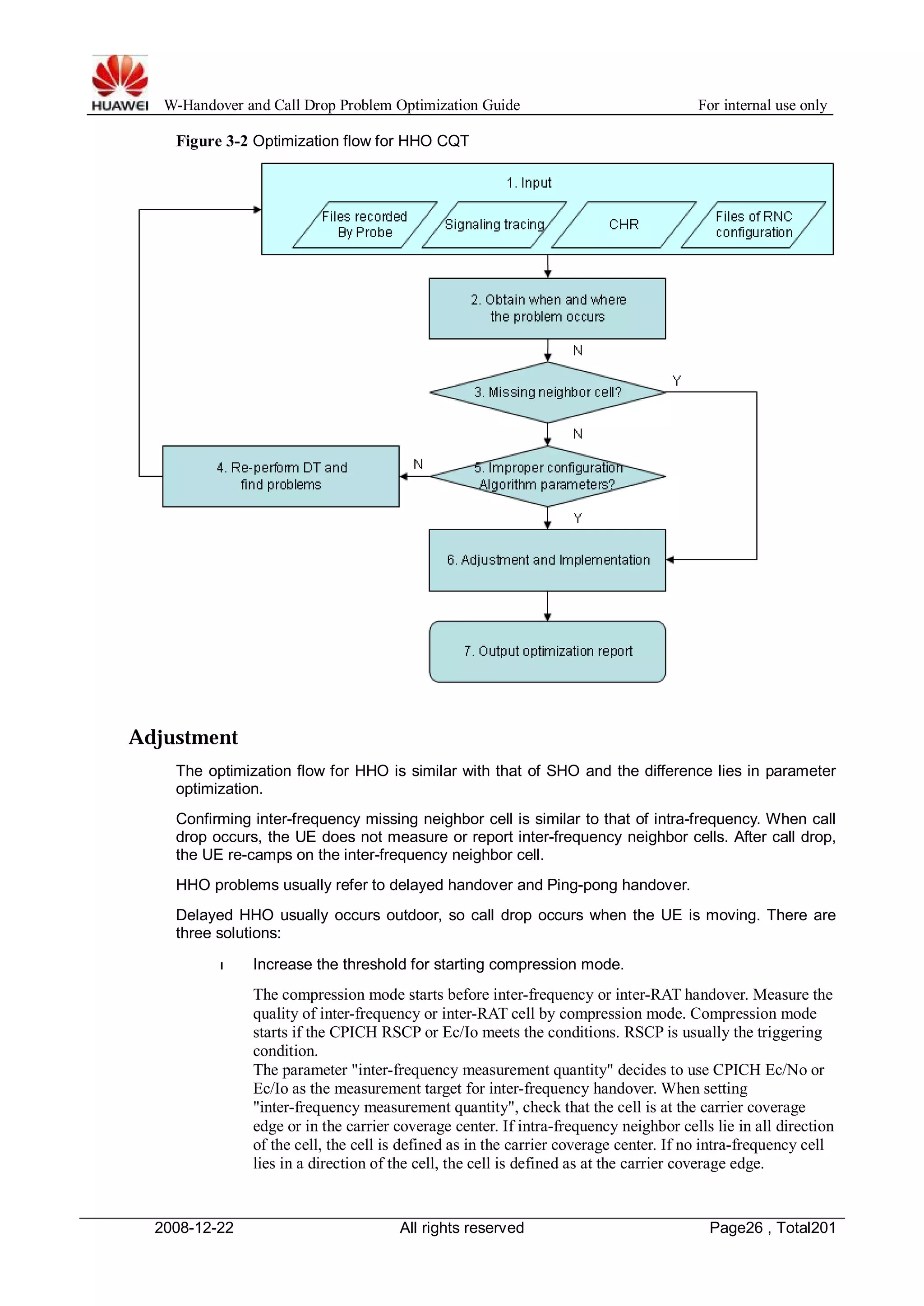 W-Handover and Call Drop Problem Optimization Guide For internal use only 
Figure 3-2 Optimization flow for HHO CQT 
Adjustment 
The optimization flow for HHO is similar with that of SHO and the difference lies in parameter 
optimization. 
Confirming inter-frequency missing neighbor cell is similar to that of intra-frequency. When call 
drop occurs, the UE does not measure or report inter-frequency neighbor cells. After call drop, 
the UE re-camps on the inter-frequency neighbor cell. 
HHO problems usually refer to delayed handover and Ping-pong handover. 
Delayed HHO usually occurs outdoor, so call drop occurs when the UE is moving. There are 
three solutions: 
l Increase the threshold for starting compression mode. 
The compression mode starts before inter-frequency or inter-RAT handover. Measure the 
quality of inter-frequency or inter-RAT cell by compression mode. Compression mode 
starts if the CPICH RSCP or Ec/Io meets the conditions. RSCP is usually the triggering 
condition. 
The parameter "inter-frequency measurement quantity" decides to use CPICH Ec/No or 
Ec/Io as the measurement target for inter-frequency handover.When setting 
"inter-frequency measurement quantity", check that the cell is at the carrier coverage 
edge or in the carrier coverage center. If intra-frequency neighbor cells lie in all direction 
of the cell, the cell is defined as in the carrier coverage center. If no intra-frequency cell 
lies in a direction of the cell, the cell is defined as at the carrier coverage edge. 
2008-12-22 All rights reserved Page26 , Total201 
 