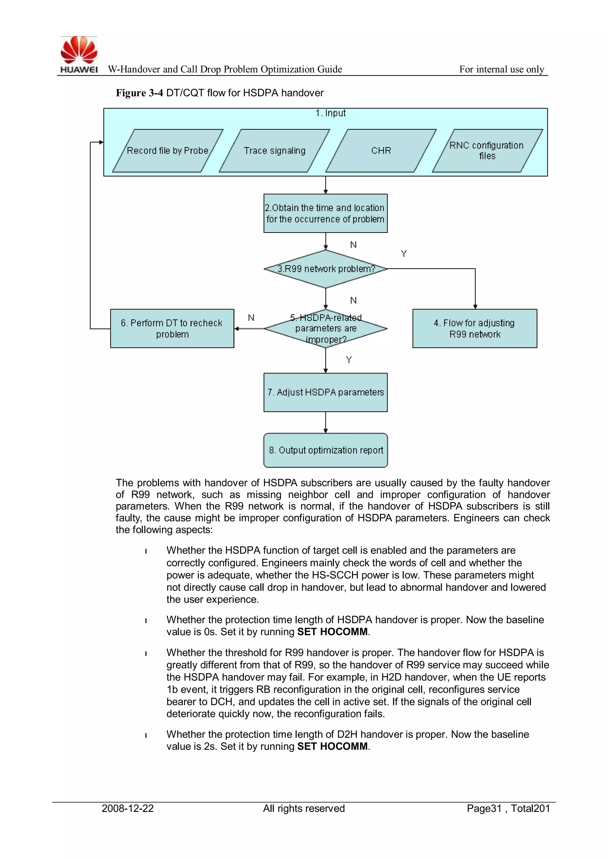 W-Handover and Call Drop Problem Optimization Guide For internal use only 
Figure 3-4 DT/CQT flow for HSDPA handover 
The problems with handover of HSDPA subscribers are usually caused by the faulty handover 
of R99 network, such as missing neighbor cell and improper configuration of handover 
parameters. When the R99 network is normal, if the handover of HSDPA subscribers is still 
faulty, the cause might be improper configuration of HSDPA parameters. Engineers can check 
the following aspects: 
l Whether the HSDPA function of target cell is enabled and the parameters are 
correctly configured. Engineers mainly check the words of cell and whether the 
power is adequate, whether the HS-SCCH power is low. These parameters might 
not directly cause call drop in handover, but lead to abnormal handover and lowered 
the user experience. 
l Whether the protection time length of HSDPA handover is proper. Now the baseline 
value is 0s. Set it by running SET HOCOMM. 
l Whether the threshold for R99 handover is proper. The handover flow for HSDPA is 
greatly different from that of R99, so the handover of R99 service may succeed while 
the HSDPA handover may fail. For example, in H2D handover, when the UE reports 
1b event, it triggers RB reconfiguration in the original cell, reconfigures service 
bearer to DCH, and updates the cell in active set. If the signals of the original cell 
deteriorate quickly now, the reconfiguration fails. 
l Whether the protection time length of D2H handover is proper. Now the baseline 
value is 2s. Set it by running SET HOCOMM. 
2008-12-22 All rights reserved Page31 , Total201 
 