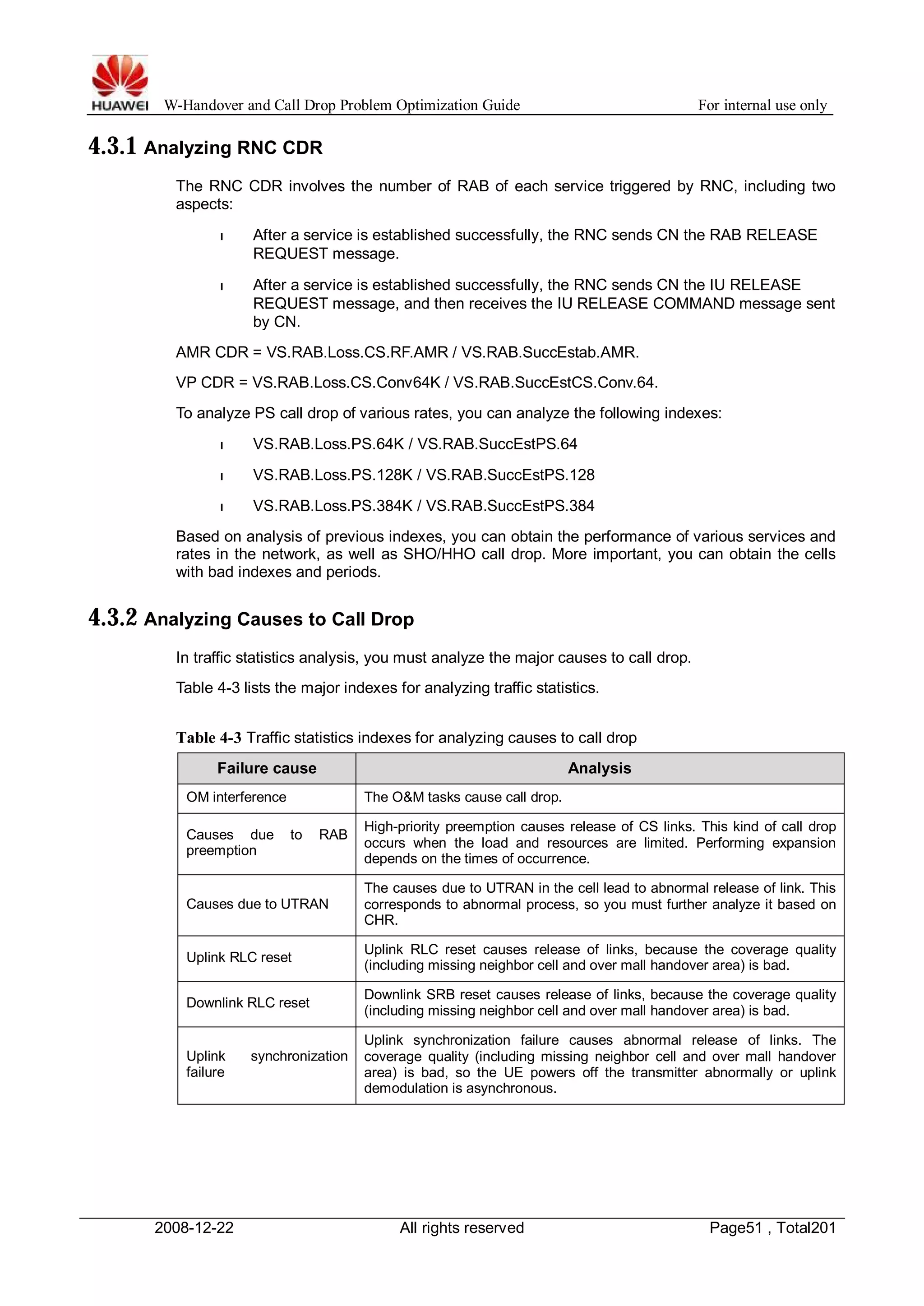W-Handover and Call Drop Problem Optimization Guide For internal use only 
4.3.1 Analyzing RNC CDR 
The RNC CDR involves the number of RAB of each service triggered by RNC, including two 
aspects: 
l After a service is established successfully, the RNC sends CN the RAB RELEASE 
REQUEST message. 
l After a service is established successfully, the RNC sends CN the IU RELEASE 
REQUEST message, and then receives the IU RELEASE COMMAND message sent 
by CN. 
AMR CDR = VS.RAB.Loss.CS.RF.AMR / VS.RAB.SuccEstab.AMR. 
VP CDR = VS.RAB.Loss.CS.Conv64K / VS.RAB.SuccEstCS.Conv.64. 
To analyze PS call drop of various rates, you can analyze the following indexes: 
l VS.RAB.Loss.PS.64K / VS.RAB.SuccEstPS.64 
l VS.RAB.Loss.PS.128K / VS.RAB.SuccEstPS.128 
l VS.RAB.Loss.PS.384K / VS.RAB.SuccEstPS.384 
Based on analysis of previous indexes, you can obtain the performance of various services and 
rates in the network, as well as SHO/HHO call drop. More important, you can obtain the cells 
with bad indexes and periods. 
4.3.2 Analyzing Causes to Call Drop 
In traffic statistics analysis, you must analyze the major causes to call drop. 
Table 4-3 lists the major indexes for analyzing traffic statistics. 
Table 4-3 Traffic statistics indexes for analyzing causes to call drop 
Failure cause Analysis 
OM interference The O&M tasks cause call drop. 
Causes due to RAB 
preemption 
High-priority preemption causes release of CS links. This kind of call drop 
occurs when the load and resources are limited. Performing expansion 
depends on the times of occurrence. 
Causes due to UTRAN 
The causes due to UTRAN in the cell lead to abnormal release of link. This 
corresponds to abnormal process, so you must further analyze it based on 
CHR. 
Uplink RLC reset Uplink RLC reset causes release of links, because the coverage quality 
(including missing neighbor cell and over mall handover area) is bad. 
Downlink RLC reset Downlink SRB reset causes release of links, because the coverage quality 
(including missing neighbor cell and over mall handover area) is bad. 
Uplink synchronization 
failure 
Uplink synchronization failure causes abnormal release of links. The 
coverage quality (including missing neighbor cell and over mall handover 
area) is bad, so the UE powers off the transmitter abnormally or uplink 
demodulation is asynchronous. 
2008-12-22 All rights reserved Page51 , Total201 
 