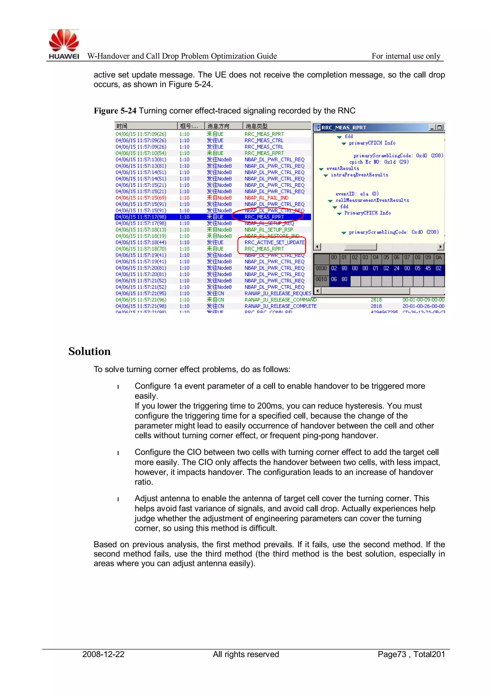 W-Handover and Call Drop Problem Optimization Guide For internal use only 
active set update message. The UE does not receive the completion message, so the call drop 
occurs, as shown in Figure 5-24. 
Figure 5-24 Turning corner effect-traced signaling recorded by the RNC 
Solution 
To solve turning corner effect problems, do as follows: 
l Configure 1a event parameter of a cell to enable handover to be triggered more 
easily. 
If you lower the triggering time to 200ms, you can reduce hysteresis. You must 
configure the triggering time for a specified cell, because the change of the 
parameter might lead to easily occurrence of handover between the cell and other 
cells without turning corner effect, or frequent ping-pong handover. 
l Configure the CIO between two cells with turning corner effect to add the target cell 
more easily. The CIO only affects the handover between two cells, with less impact, 
however, it impacts handover. The configuration leads to an increase of handover 
ratio. 
l Adjust antenna to enable the antenna of target cell cover the turning corner. This 
helps avoid fast variance of signals, and avoid call drop. Actually experiences help 
judge whether the adjustment of engineering parameters can cover the turning 
corner, so using this method is difficult. 
Based on previous analysis, the first method prevails. If it fails, use the second method. If the 
second method fails, use the third method (the third method is the best solution, especially in 
areas where you can adjust antenna easily). 
2008-12-22 All rights reserved Page73 , Total201 
 