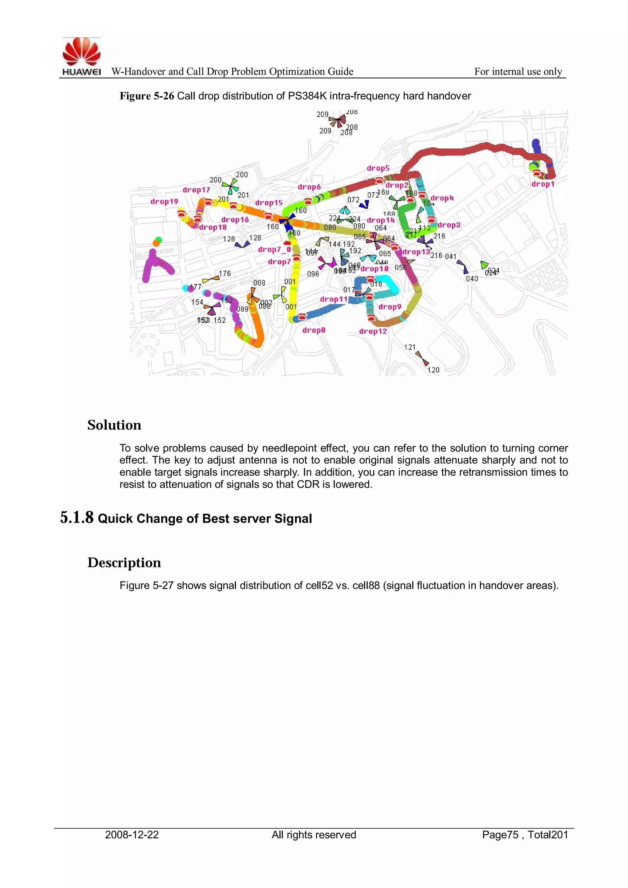 W-Handover and Call Drop Problem Optimization Guide For internal use only 
Figure 5-26 Call drop distribution of PS384K intra-frequency hard handover 
Solution 
To solve problems caused by needlepoint effect, you can refer to the solution to turning corner 
effect. The key to adjust antenna is not to enable original signals attenuate sharply and not to 
enable target signals increase sharply. In addition, you can increase the retransmission times to 
resist to attenuation of signals so that CDR is lowered. 
5.1.8 Quick Change of Best server Signal 
Description 
Figure 5-27 shows signal distribution of cell52 vs. cell88 (signal fluctuation in handover areas). 
2008-12-22 All rights reserved Page75 , Total201 
 