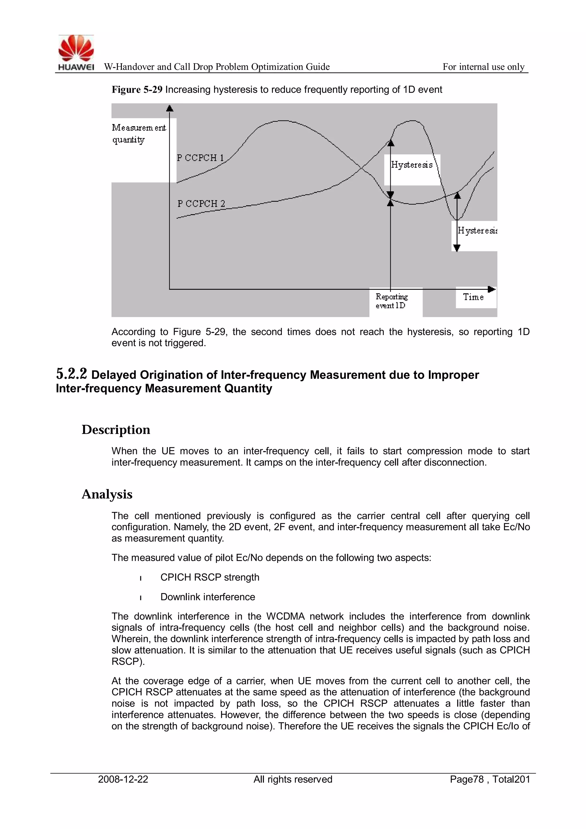 W-Handover and Call Drop Problem Optimization Guide For internal use only 
Figure 5-29 Increasing hysteresis to reduce frequently reporting of 1D event 
According to Figure 5-29, the second times does not reach the hysteresis, so reporting 1D 
event is not triggered. 
5.2.2 Delayed Origination of Inter-frequency Measurement due to Improper 
Inter-frequency Measurement Quantity 
Description 
When the UE moves to an inter-frequency cell, it fails to start compression mode to start 
inter-frequency measurement. It camps on the inter-frequency cell after disconnection. 
Analysis 
The cell mentioned previously is configured as the carrier central cell after querying cell 
configuration. Namely, the 2D event, 2F event, and inter-frequency measurement all take Ec/No 
as measurement quantity. 
The measured value of pilot Ec/No depends on the following two aspects: 
l CPICH RSCP strength 
l Downlink interference 
The downlink interference in the WCDMA network includes the interference from downlink 
signals of intra-frequency cells (the host cell and neighbor cells) and the background noise. 
Wherein, the downlink interference strength of intra-frequency cells is impacted by path loss and 
slow attenuation. It is similar to the attenuation that UE receives useful signals (such as CPICH 
RSCP). 
At the coverage edge of a carrier, when UE moves from the current cell to another cell, the 
CPICH RSCP attenuates at the same speed as the attenuation of interference (the background 
noise is not impacted by path loss, so the CPICH RSCP attenuates a little faster than 
interference attenuates. However, the difference between the two speeds is close (depending 
on the strength of background noise). Therefore the UE receives the signals the CPICH Ec/Io of 
2008-12-22 All rights reserved Page78 , Total201 
 