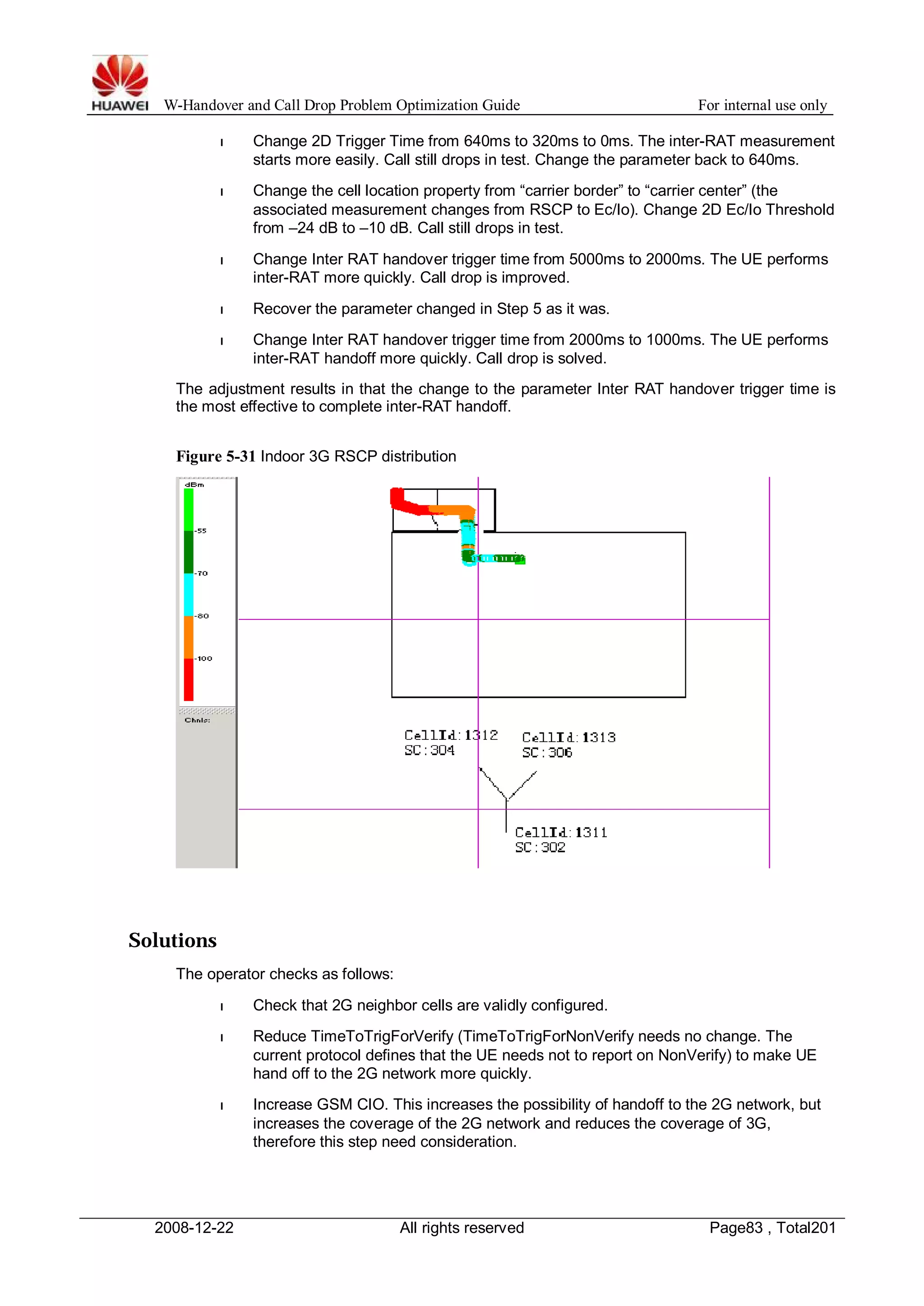 W-Handover and Call Drop Problem Optimization Guide For internal use only 
l Change 2D Trigger Time from 640ms to 320ms to 0ms. The inter-RAT measurement 
starts more easily. Call still drops in test. Change the parameter back to 640ms. 
l Change the cell location property from “carrier border” to “carrier center” (the 
associated measurement changes from RSCP to Ec/Io). Change 2D Ec/Io Threshold 
from –24 dB to –10 dB. Call still drops in test. 
l Change Inter RAT handover trigger time from 5000ms to 2000ms. The UE performs 
inter-RAT more quickly. Call drop is improved. 
l Recover the parameter changed in Step 5 as it was. 
l Change Inter RAT handover trigger time from 2000ms to 1000ms. The UE performs 
inter-RAT handoff more quickly. Call drop is solved. 
The adjustment results in that the change to the parameter Inter RAT handover trigger time is 
the most effective to complete inter-RAT handoff. 
Figure 5-31 Indoor 3G RSCP distribution 
Solutions 
The operator checks as follows: 
l Check that 2G neighbor cells are validly configured. 
l Reduce TimeToTrigForVerify (TimeToTrigForNonVerify needs no change. The 
current protocol defines that the UE needs not to report on NonVerify) to make UE 
hand off to the 2G network more quickly. 
l Increase GSM CIO. This increases the possibility of handoff to the 2G network, but 
increases the coverage of the 2G network and reduces the coverage of 3G, 
therefore this step need consideration. 
2008-12-22 All rights reserved Page83 , Total201 
 