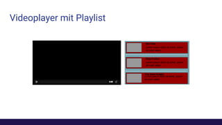 Videoplayer mit Playlist
Der Pate
Lorem ipsum dolor sit amet, ipsum
sit orem aleta
Pulp Fiction
Lorem ipsum dolor sit amet, ipsum
sit orem aleta
The Dark Knight
Lorem ipsum dolor sit amet, ipsum
sit orem aleta
 