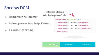 Shadow DOM
● Kein Ersatz zu <iframe>
● Kein separater JavaScript-Kontext
● Gekapseltes Styling
<paper-tabs selected="0">
<paper-tab>ITEM ONE</paper-tab>
<paper-tab>ITEM TWO</paper-tab>
<paper-tab>ITEM THREE</paper-tab>
</paper-tabs>
Einfacher Markup,
kein Boilerplate-Code
 