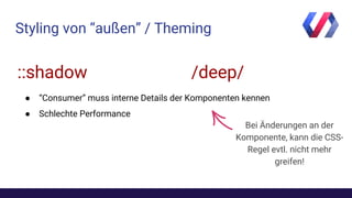 Styling von “außen” / Theming
/deep/::shadow
● “Consumer” muss interne Details der Komponenten kennen
● Schlechte Performance
Bei Änderungen an der
Komponente, kann die CSS-
Regel evtl. nicht mehr
greifen!
 