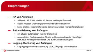 Seite 20
Empfehlungen
▬ HA von Anfang an
• 3 Master, >2 Public Nodes, >5 Private Nodes pro Standort
• Nodes müssen unabhängig voneinander abschaltbar sein
• keine großen, lieber mehr kleine Server verwenden (horizontal skalieren)
▬ Automatisierung von Anfang an
• ein Cluster automatisch (wieder-)herstellen
• automatisiert Nodes aus dem Cluster entfernen und wieder hinzufügen
bzw.neue Nodes provisionieren und zum Cluster hinzufügen
▬ Logging, Monitoring von Anfang an
• Log-Aggregation und Auswertung (ELK, Graylog), Mesos Metrics
 