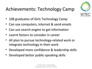 Achievements: Technology Camp
• 108 graduates of Girls Technology Camp
• Can use computers, internet & send emails
• Can use search engine to get information
• Learnt factors to consider in career
• All plan to pursue technology-related work or
  integrate technology in their work
• Developed more confidence & leadership skills
• Developed better public-speaking skills

                     The Women’s Technology
                   Empowerment Centre (W.TEC)
 