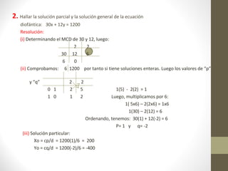 2. Hallar la solución parcial y la solución general de la ecuación
    diofántica: 30x + 12y = 1200
    Resolución:
    (i) Determinando el MCD de 30 y 12, luego:
                              2    2
                        30 12     6
                        6     0
    (ii) Comprobamos: 6 1200 por tanto si tiene soluciones enteras. Luego los valores de “p”

        y “q”               2     2
                 0 1        2     5                1(5) - 2(2) = 1
                 1 0        1     2              Luego, multiplicamos por 6:
                                                       1( 5x6) – 2(2x6) = 1x6
                                                         1(30) – 2(12) = 6
                                      Ordenando, tenemos: 30(1) + 12(-2) = 6
                                                   P= 1 y q= -2
     (iii) Solución particular:
             Xo = cp/d = 1200(1)/6 = 200
             Yo = cq/d = 1200(-2)/6 = -400
 