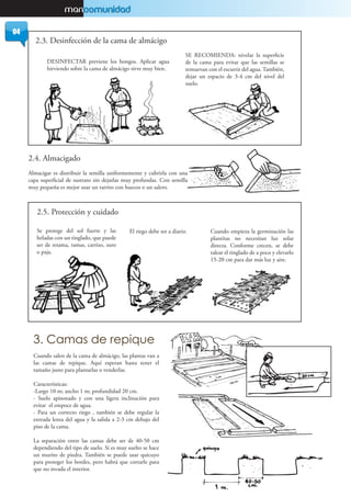 DESINFECTAR previene los hongos. Aplicar agua
hirviendo sobre la cama de almácigo sirve muy bien.
SE RECOMIENDA: nivelar la superficie
de la cama para evitar que las semillas se
remuevan con el escurrir del agua. También,
dejar un espacio de 3-4 cm del nivel del
suelo.
2.4. Almacigado
Almacigar es distribuir la semilla uniformemente y cubrirla con una
capa superficial de sustrato sin dejarlas muy profundas. Con semilla
muy pequeña es mejor usar un tarrito con huecos o un salero.
2.5. Protección y cuidado
Cuando empieza la germinación las
plantitas no necesitan luz solar
directa. Conforme crecen, se debe
ralear el tinglado de a poco y elevarlo
15-20 cm para dar más luz y aire.
2.3. Desinfección de la cama de almácigo
Se protege del sol fuerte y las
heladas con un tinglado, que puede
ser de retama, ramas, carrizo, suro
o paja.
El riego debe ser a diario.
3. Camas de repique
Cuando salen de la cama de almácigo, las plantas van a
las camas de repique. Aquí esperan hasta tener el
tamaño justo para plantarlas o venderlas.
Características:
-Largo 10 m; ancho 1 m; profundidad 20 cm.
- Suelo apisonado y con una ligera inclinación para
evitar el empoce de agua.
- Para un correcto riego , también se debe regular la
entrada lenta del agua y la salida a 2-3 cm debajo del
piso de la cama.
La separación entre las camas debe ser de 40-50 cm
dependiendo del tipo de suelo. Si es muy suelto se hace
un murito de piedra. También se puede usar quicuyo
para proteger los bordes, pero habrá que cortarle para
que no invada el interior.
04
 