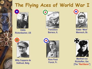 The Flying Aces of World War I Eddie Rickenbacher, US Francesco Barraco, It. Rene Pauk Fonck, Fr. Manfred von Richtoffen, Ger. [The “ Red   Baron ”] Willy Coppens de Holthust, Belg. Eddie “Mick” Mannoch, Br. 