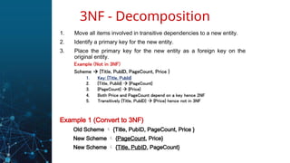 1. Move all items involved in transitive dependencies to a new entity.
2. Identify a primary key for the new entity.
3. Place the primary key for the new entity as a foreign key on the
original entity.
Example 1 (Convert to 3NF)
Old Scheme  {Title, PubID, PageCount, Price }
New Scheme  {PageCount, Price}
New Scheme  {Title, PubID, PageCount}
3NF - Decomposition
 
