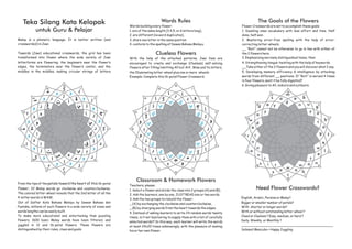 Teka Silang Kata Kelopak
untuk Guru & Pelajar
Malay is a phonetic language. It is better written (and
crossworded) in Jawi.
Towards (Jawi) educational crosswords, the grid has been
transformed into flower where the wide variety of Jawi
letterforms are flowering: the beginners near the flower’s
edges, the terminators near the flower’s center, and the
middles in the middles, making circular strings of letters
From the tips of the petals toward the heart of this 16-petal
flower, 32 Malay words go clockwise and counterclockwise.
The colored letter-wheel reveals that the 2nd letter of all the
4-letter words is WAW.
Out of Daftar Kata Bahasa Melayu by Dewan Bahasa dan
Pustaka, millions of such flowers in a wide variety of sizes and
words lengths can be easily built.
To make more educational and entertaining than puzzling
flowers, 1600 basic Malay words have been filtered, and
juggled in 12 and 16-petal flowers. These flowers are
distinguished by their rules, clues and goals:
Words Rules
Words building every flower:
1. are of the same length (3,4,5, or 6 letters long),
2. are different (no word duplicates),
3. share one letter in the same position
4. conform to the spelling of Dewan Bahasa Melayu.
Clueless Flowers
With the help of the attached patterns, Jawi fans are
encouraged to create and exchange (Clueless) self-solving
flowers after filling/omitting All but Alif, Waw and Ya letters,
the Illuminating letter-wheel plus one or more wheels:
Example: Complete this 16-petal Flower Crossword.
Classroom & Homework Flowers
Teachers, please:
1. Select a flower and divide the class into 2 groups (A) and (B),
2. Ask the learners, one by one, JUST READ one or two words.
3. Ask the two groups to rebuild the flower:
_ (A) by exchanging the clockwise and counterclockwise,
_ (B) by diverging words from the heart towards the edges.
4. Instead of asking learners to write 24 random words twenty
times, is it not less boring to supply them with a list of carefully
selected words?! In this way, each learner will write the words
at least 24x20 times unknowingly, with the pleasure of making
his or her own flower.
The Goals of the Flowers
Flower Crosswords are set to accomplish these goals:
1. Doubling ones vocabulary with less effort and time. Half
done, half won.
2. Mastering error-free spelling with the help of error-
correcting letter-wheels.
__ “Roti” cannot not be otherwise to go in line with either of
the 2 flowers here.
3. Emphasizing narrowly distinguished tones, then
4. Strengthening tongue-twisting with the help of keywords.
__Take either of the 2 flowers and you will discover what I say.
5. Developing memory efficiency & intelligence by attacking
words from different __ positions. If “Roti” is served 4 times
in four flowers, wont it be fully digested?
6. Giving pleasure to All, indoors and outdoors.
Need Flower Crosswords?
English, Arabic, Persian or Malay?
Bigger or smaller number of petals?
With shorter or longer words?
With or without outstanding letter-wheel ?
Clued or Clueless ? Easy, medium, or hard ?
Daily, Weekly, or Monthly ?
_____________________________________________
Selamat Mencuba + Happy Juggling
15
16
14
13
1
2
9
8
3
7
4
6
5
10
12
11
m
bs
d g
bw
fr
o l
ns
s h
c
ea
ua
oa
ae
u e
eu
oi
a o
d
ny
yy
td
gt
n w
r t
t w
w
15
16
14
13
1
2
9
8
3
7
4
6
5
10
12
11
15
16
14
13
1
2
9
8
3
7
4
6
5
10
12
11
 