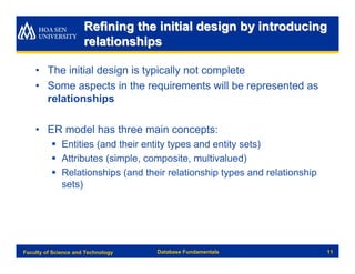 Refining the initial design by introducing
                      relationships

    • The initial design is typically not complete
    • Some aspects in the requirements will be represented as
      relationships

    • ER model has three main concepts:
          § Entities (and their entity types and entity sets)
          § Attributes (simple, composite, multivalued)
          § Relationships (and their relationship types and relationship
            sets)




Faculty of Science and Technology   Database Fundamentals                  11
 