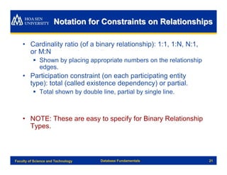 Notation for Constraints on Relationships

    • Cardinality ratio (of a binary relationship): 1:1, 1:N, N:1,
      or M:N
          § Shown by placing appropriate numbers on the relationship
            edges.
    • Participation constraint (on each participating entity
      type): total (called existence dependency) or partial.
          § Total shown by double line, partial by single line.



    • NOTE: These are easy to specify for Binary Relationship
      Types.



Faculty of Science and Technology   Database Fundamentals              21
 