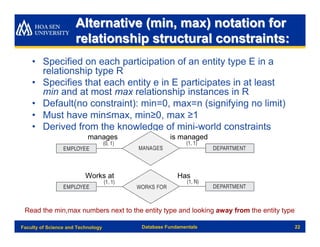Alternative (min, max) notation for
                      relationship structural constraints:
    • Specified on each participation of an entity type E in a
      relationship type R
    • Specifies that each entity e in E participates in at least
      min and at most max relationship instances in R
    • Default(no constraint): min=0, max=n (signifying no limit)
    • Must have min≤max, min≥0, max ≥1
    • Derived from the knowledge of mini-world constraints
                           manages              is managed




                          Works at                 Has



 Read the min,max numbers next to the entity type and looking away from the entity type

Faculty of Science and Technology     Database Fundamentals                               22
 