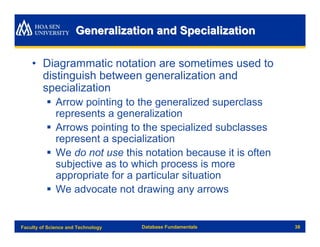 Generalization and Specialization

    • Diagrammatic notation are sometimes used to
      distinguish between generalization and
      specialization
          § Arrow pointing to the generalized superclass
            represents a generalization
          § Arrows pointing to the specialized subclasses
            represent a specialization
          § We do not use this notation because it is often
            subjective as to which process is more
            appropriate for a particular situation
          § We advocate not drawing any arrows


Faculty of Science and Technology   Database Fundamentals     38
 