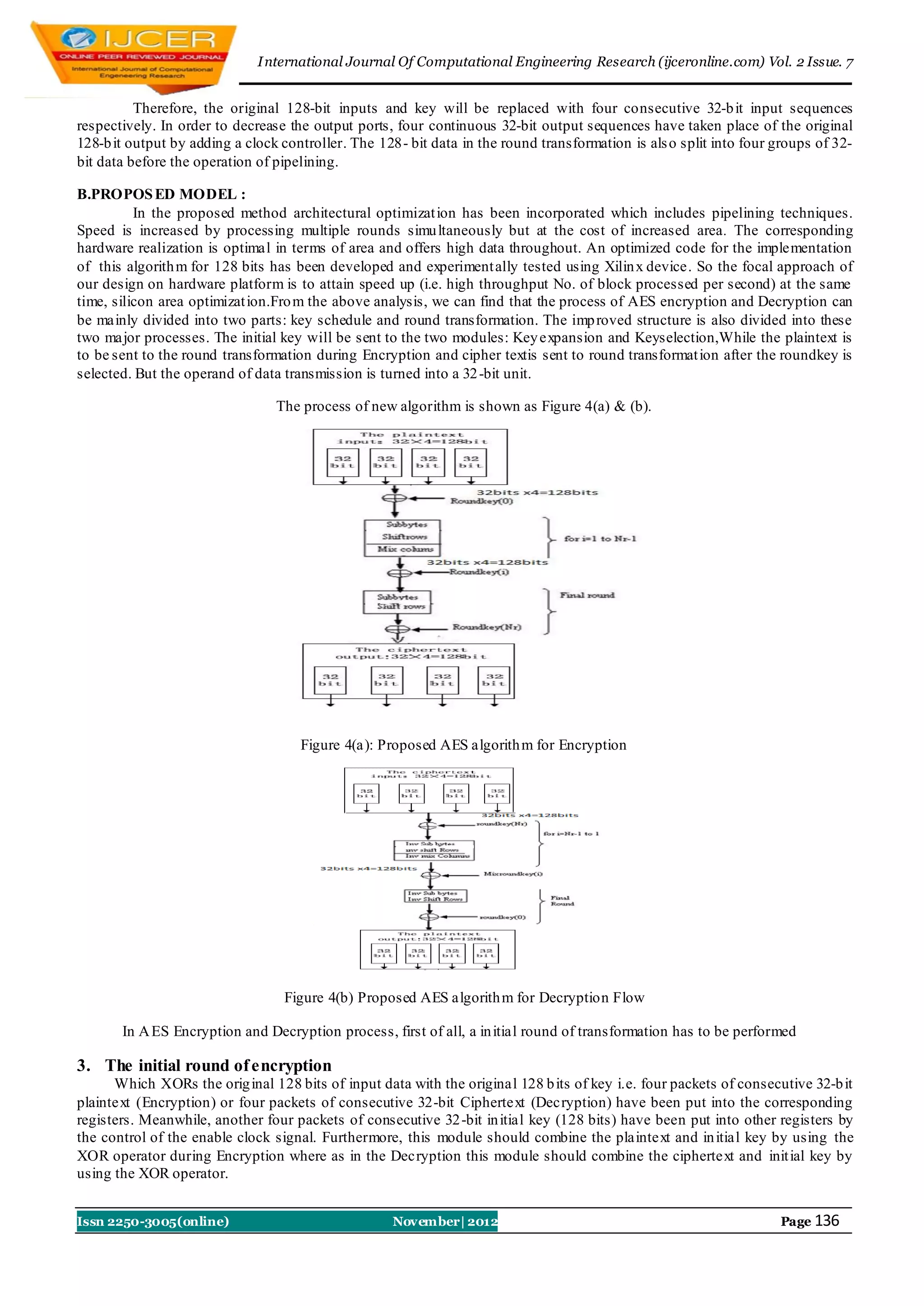 I nternational Journal Of Computational Engineering Research (ijceronline.com) Vol. 2 Issue. 7


          Therefore, the original 128-bit inputs and key will be replaced with four consecutive 32-b it input sequences
respectively. In order to decrease the output ports, four continuous 32-bit output sequences have taken place of the original
128-b it output by adding a clock controller. The 128- bit data in the round transformation is als o split into four groups of 32-
bit data before the operation of pipelining.

B.PROPOS ED MODEL :
          In the proposed method architectural optimizat ion has been incorporated which includes pipelining techniques.
Speed is increased by processing multiple rounds simu ltaneously but at the cost of increased area. The corresponding
hardware realization is optimal in terms of area and offers high data throughout. An optimized code for the implementation
of this algorith m for 128 bits has been developed and experiment ally tested using Xilin x device. So the focal approach of
our design on hardware platform is to attain speed up (i.e. high throughput No. of block processed per second) at the same
time, silicon area optimizat ion.Fro m the above analysis, we can find that the process of AES encryption and Decryption can
be mainly divided into two parts: key schedule and round transformation. The imp roved structure is also divided into these
two major processes. The initial key will be sent to the two modules: Key expansion and Keyselection,While the plaintext is
to be sent to the round transformation during Encryption and cipher textis sent to round transformat ion after the roundkey is
selected. But the operand of data transmission is turned into a 32 -bit unit.

                                 The process of new algorithm is shown as Figure 4(a) & (b).




                                     Figure 4(a): Proposed AES algorith m for Encryption




                                  Figure 4(b) Proposed AES algorith m for Decryption Flow

       In A ES Encryption and Decryption process, first of all, a in itial round of transformation has to be performed

3. The initial round of encryption
      Which XORs the orig inal 128 bits of input data with the original 128 b its of key i.e. four packets of consecutive 32-b it
plaintext (Encryption) or four packets of consecutive 32-bit Ciphertext (Decryption) have been put into the corresponding
registers. Meanwhile, another four packets of consecutive 32 -bit in itial key (128 bits) have been put into other registers by
the control of the enable clock signal. Furthermore, this module should combine the plaintext and in itial key by using the
XOR operator during Encryption where as in the Decryption this module should combine the ciphertext and init ial key by
using the XOR operator.


Issn 2250-3005(online)                              November| 2012                                                   Page 136
 