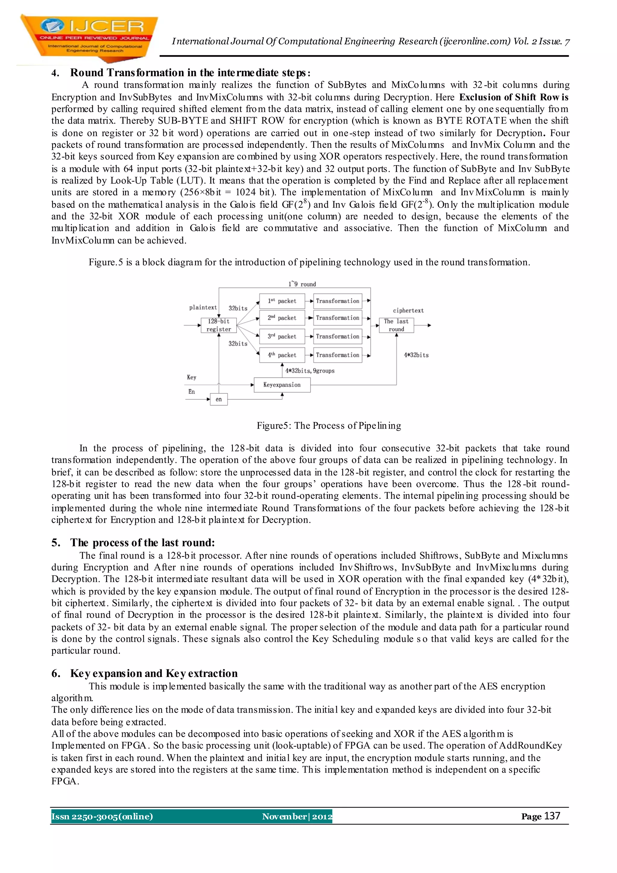 I nternational Journal Of Computational Engineering Research (ijceronline.com) Vol. 2 Issue. 7


4.   Round Transformation in the intermediate steps :
         A round transformat ion mainly realizes the function of SubBytes and MixCo lu mns with 32 -bit colu mns during
Encryption and InvSubBytes and InvMixColu mns with 32-bit colu mns during Decryption. Here Exclusion of Shift Row is
performed by calling required shifted element fro m the data matrix, instead of calling element one by one sequentially fro m
the data matrix. Thereby SUB-BYTE and SHIFT ROW for encryption (which is known as BYTE ROTATE when the shift
is done on register or 32 b it word ) operations are carried out in one-step instead of two similarly for Decryption. Four
packets of round transformation are processed independently. Then the results of MixColu mns and InvMix Colu mn and the
32-bit keys sourced from Key expansion are co mbined by using XOR operators respectively. Here, the round transformation
is a module with 64 input ports (32-bit plaintext+32-b it key) and 32 output ports. The function of SubByte and Inv SubByte
is realized by Look-Up Table (LUT). It means that the operation is completed by the Find and Replace after all replacement
units are stored in a memo ry (256×8b it = 1024 bit ). The implementation of MixCo lu mn and Inv MixColu mn is main ly
based on the mathematical analysis in the Galo is field GF(28 ) and Inv Galois field GF(2-8 ). On ly the mult iplication module
and the 32-bit XOR module of each processing unit(one column) are needed to design, because the elements of the
mu ltip licat ion and addition in Galo is field are co mmutative and associative. Then the function of MixColu mn and
InvMixColu mn can be achieved.

         Figure.5 is a block diagram for the introduction of pipelining technology used in the round transformation.




                                                   Figure5: The Process of Pipelin ing

        In the process of pipelining, the 128-bit data is divided into four consecutive 32-bit packets that take round
transformation independently. The operation of the above four groups of data can be realized in pipelining technology. In
brief, it can be described as follow: store the unprocessed data in the 128 -bit register, and control the clock for restarting the
128-b it register to read the new data when the four groups’ operations have been overcome. Thus the 128 -bit round-
operating unit has been transformed into four 32-b it round-operating elements. The internal pipelin ing processing should be
implemented during the whole nine intermed iate Round Transformat ions of the four packets before achieving the 128-b it
ciphertext for Encryption and 128-b it plaintext for Decryption.

5. The process of the last round:
       The final round is a 128-b it processor. After nine rounds of operations included Shiftrows, SubByte and Mixclu mns
during Encryption and After n ine rounds of operations included Inv Shiftro ws, InvSubByte and InvMixclu mns during
Decryption. The 128-b it intermed iate resultant data will be used in XOR operation with the final expanded key (4* 32b it),
which is provided by the key expansion module. The output of final round of Encryption in the processor is the desired 128-
bit ciphertext . Similarly, the ciphertext is divided into four packets of 32- b it data by an external enable signal. . The output
of final round of Decryption in the processor is the desired 128-b it plaintext. Similarly, the plaintext is divided into four
packets of 32- bit data by an external enable signal. The proper selection of the module and data path for a particular round
is done by the control signals. These signals also control the Key Scheduling module s o that valid keys are called fo r the
particular round.

6. Key expansion and Key extraction
          This module is imp lemented basically the same with the traditional way as another part of the AES encryption
algorith m.
The only difference lies on the mode of data transmission. The initial key and expanded keys are divided into four 32-bit
data before being extracted.
All of the above modules can be decomposed into basic operations of seeking and XOR if the AES algorith m is
Implemented on FPGA . So the basic processing unit (look-uptable) of FPGA can be used. The operation of AddRoundKey
is taken first in each round. When the plaintext and initial key are input, the encryption module starts running, and the
expanded keys are stored into the registers at the same time. Th is implementation method is independent on a specific
FPGA.


Issn 2250-3005(online)                               November| 2012                                                   Page 137
 
