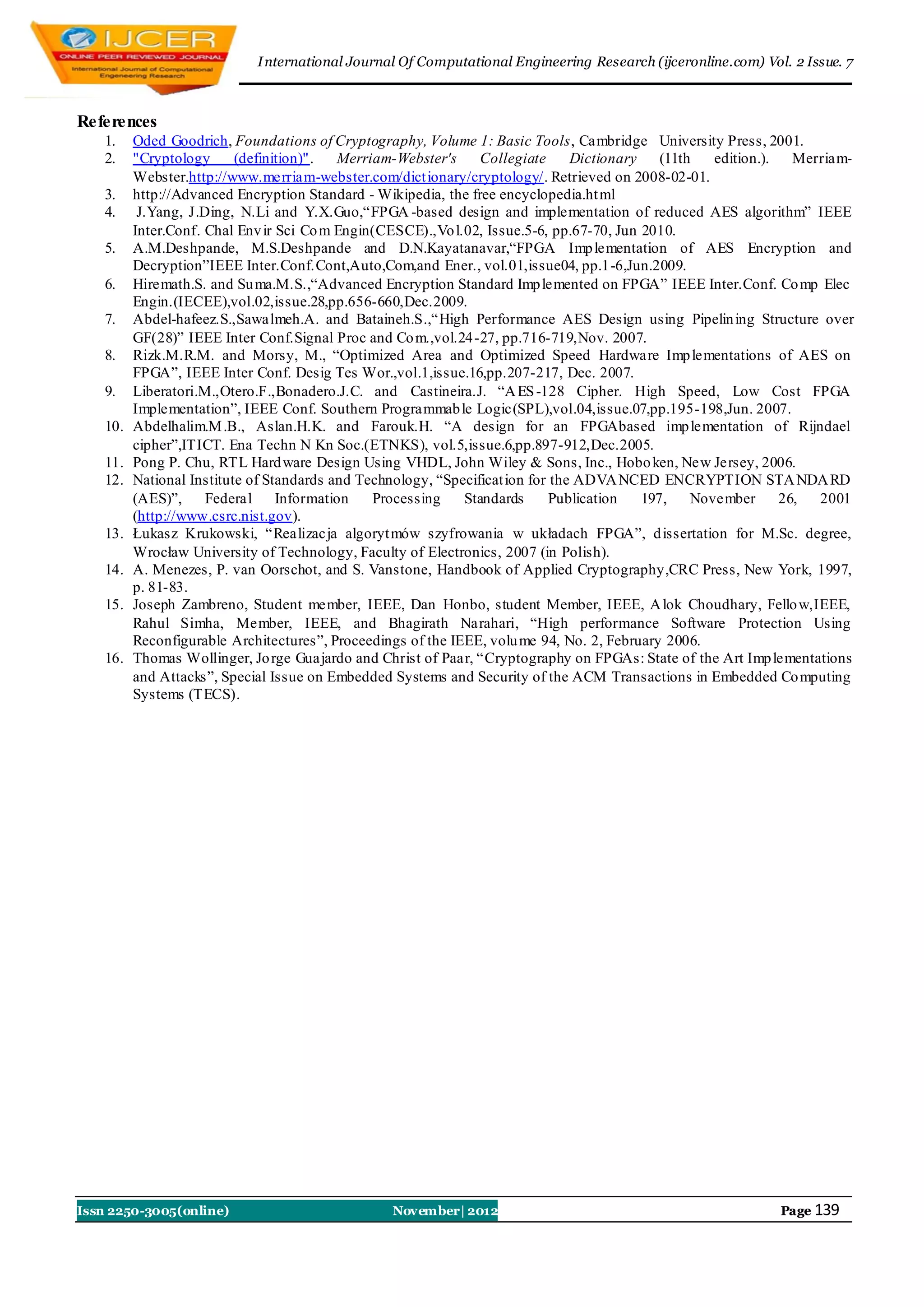 I nternational Journal Of Computational Engineering Research (ijceronline.com) Vol. 2 Issue. 7



References
    1.    Oded Goodrich, Foundations of Cryptography, Volume 1: Basic Tools, Cambridge University Press, 2001.
    2.    "Cryptology      (definition)".  Merriam-Webster's     Collegiate      Dictionary    (11th   edition.).   Merriam-
          Webster.http://www.merriam-webster.com/dict ionary/cryptology/. Retrieved on 2008-02-01.
    3.    http://Advanced Encryption Standard - Wikipedia, the free encyclopedia.ht ml
    4.     J.Yang, J.Ding, N.Li and Y.X.Guo,“FPGA -based design and implementation of reduced AES algorithm” IEEE
          Inter.Conf. Chal Env ir Sci Co m Engin(CESCE).,Vo l.02, Issue.5-6, pp.67-70, Jun 2010.
    5.    A.M.Deshpande, M.S.Deshpande and D.N.Kayatanavar,“FPGA Imp lementation of AES Encryption and
          Decryption”IEEE Inter.Conf.Cont,Auto,Com,and Ener., vol.01,issue04, pp.1-6,Jun.2009.
    6.    Hiremath.S. and Su ma.M.S.,“Advanced Encryption Standard Imp lemented on FPGA” IEEE Inter.Conf. Co mp Elec
          Engin.(IECEE),vol.02,issue.28,pp.656-660,Dec.2009.
    7.    Abdel-hafeez.S.,Sawalmeh.A. and Bataineh.S.,“High Performance AES Design using Pipelin ing Structure over
          GF(28)” IEEE Inter Conf.Signal Proc and Co m.,vol.24-27, pp.716-719,Nov. 2007.
    8.    Rizk.M.R.M. and Morsy, M., “Optimized Area and Optimized Speed Hardware Imp lementations of AES on
          FPGA”, IEEE Inter Conf. Desig Tes Wor.,vol.1,issue.16,pp.207-217, Dec. 2007.
    9.    Liberatori.M.,Otero.F.,Bonadero.J.C. and Castineira.J. “A ES -128 Cipher. High Speed, Low Cost FPGA
          Implementation”, IEEE Conf. Southern Programmab le Logic(SPL),vol.04,issue.07,pp.195-198,Jun. 2007.
    10.   Abdelhalim.M .B., Aslan.H.K. and Farouk.H. “A design for an FPGAbased imp lementation of Rijndael
          cipher”,ITICT. Ena Techn N Kn Soc.(ETNKS), vol.5,issue.6,pp.897-912,Dec.2005.
    11.   Pong P. Chu, RTL Hard ware Design Using VHDL, John Wiley & Sons, Inc., Hobo ken, New Jersey, 2006.
    12.   National Institute of Standards and Technology, “Specificat ion for the ADVA NCED ENCRYPTION STA NDA RD
          (AES)”,     Federal Information       Processing    Standards       Publication   197,    November      26,  2001
          (http://www.csrc.nist.gov).
    13.   Łukasz Krukowski, “Realizacja algoryt mów szyfrowania w układach FPGA”, d issertation for M.Sc. degree,
          Wrocław University of Technology, Faculty of Electronics, 2007 (in Polish).
    14.   A. Menezes, P. van Oorschot, and S. Vanstone, Handbook of Applied Cryptography,CRC Press, New York, 1997,
          p. 81-83.
    15.   Joseph Zambreno, Student member, IEEE, Dan Honbo, student Member, IEEE, A lok Choudhary, Fello w,IEEE,
          Rahul Simha, Member, IEEE, and Bhagirath Narahari, “High performance Software Protection Using
          Reconfigurable Architectures”, Proceedings of the IEEE, volu me 94, No. 2, February 2006.
    16.   Thomas Wollinger, Jo rge Guajardo and Christ of Paar, “Cryptography on FPGAs: State of the Art Imp lementations
          and Attacks”, Special Issue on Embedded Systems and Security of the ACM Transactions in Embedded Co mputing
          Systems (TECS).




Issn 2250-3005(online)                             November| 2012                                               Page 139
 