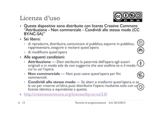 Licenza d’uso
A.A. 2012/2013Tecniche di programmazione13
Queste diapositive sono distribuite con licenza Creative Commons
“Attribuzione - Non commerciale - Condividi allo stesso modo (CC
BY-NC-SA)”
Sei libero:
di riprodurre, distribuire, comunicare al pubblico, esporre in pubblico,
rappresentare, eseguire e recitare quest'opera
di modificare quest'opera
Alle seguenti condizioni:
Attribuzione — Devi attribuire la paternità dell'opera agli autori
originali e in modo tale da non suggerire che essi avallino te o il modo in
cui tu usi l'opera.
Non commerciale — Non puoi usare quest'opera per fini
commerciali.
Condividi allo stesso modo — Se alteri o trasformi quest'opera, o se
la usi per crearne un'altra, puoi distribuire l'opera risultante solo con una
licenza identica o equivalente a questa.
http://creativecommons.org/licenses/by-nc-sa/3.0/
 