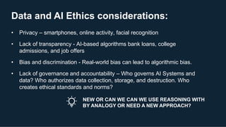 Data and AI Ethics considerations:
• Privacy – smartphones, online activity, facial recognition
• Lack of transparency - AI-based algorithms bank loans, college
admissions, and job offers
• Bias and discrimination - Real-world bias can lead to algorithmic bias.
• Lack of governance and accountability – Who governs AI Systems and
data? Who authorizes data collection, storage, and destruction. Who
creates ethical standards and norms?
NEW OR CAN WE CAN WE USE REASONING WITH
BY ANALOGY OR NEED A NEW APPROACH?
 