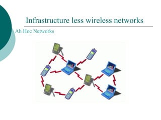 Infrastructure less wireless networks
Ah Hoc Networks
 