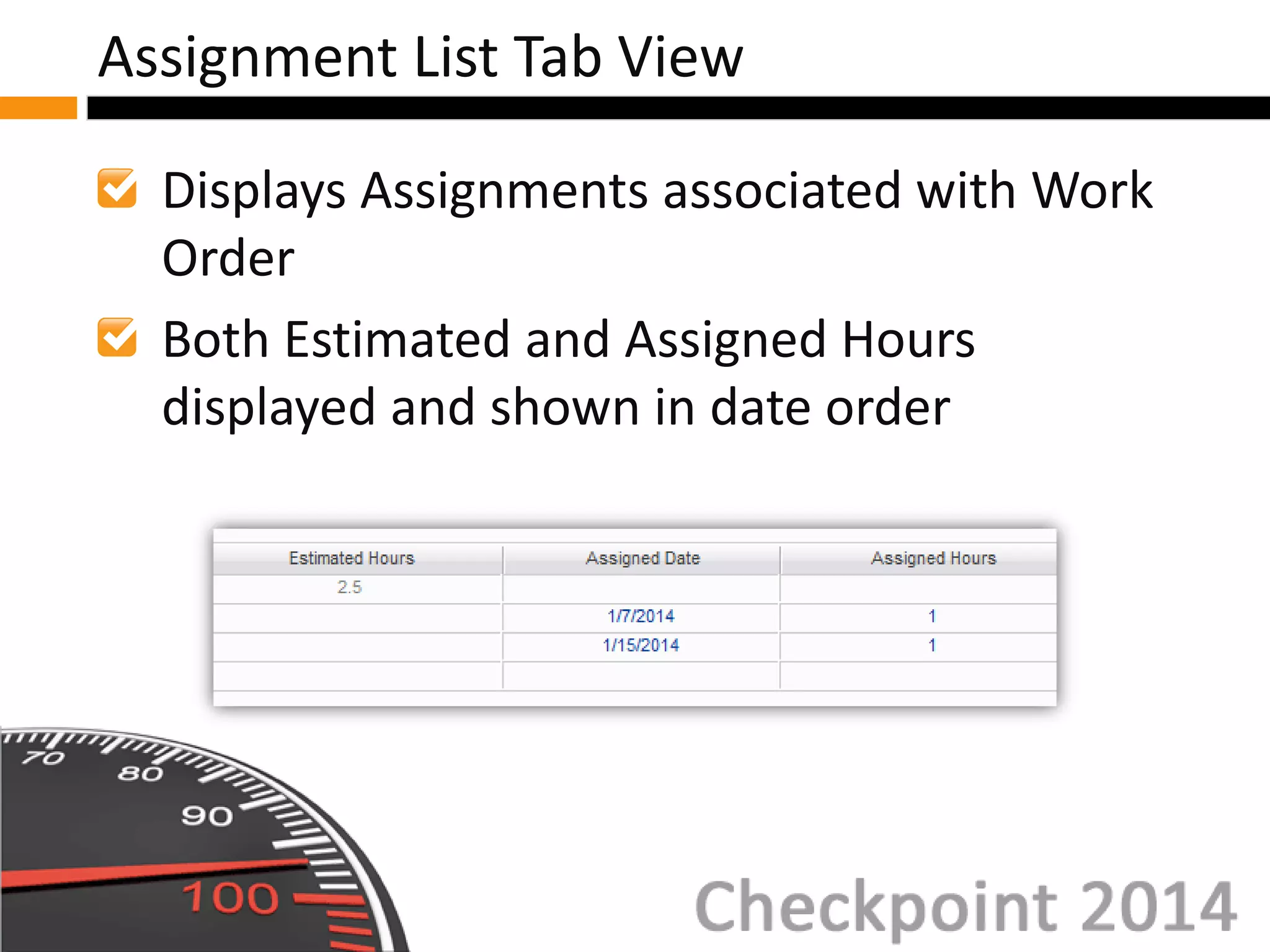 Displays Assignments associated with Work
Order
Both Estimated and Assigned Hours
displayed and shown in date order
Assignment List Tab View
 