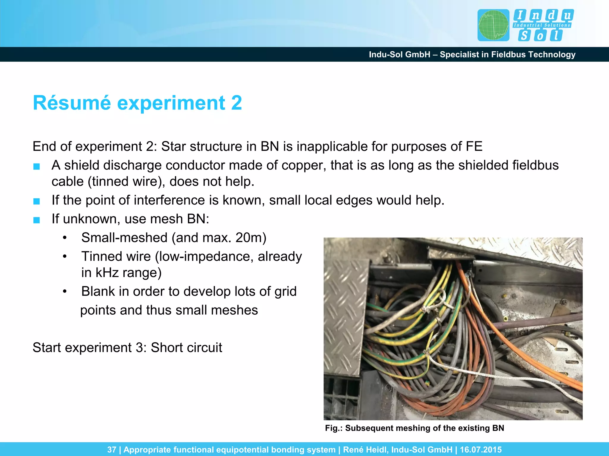 Indu-Sol GmbH – Specialist in Fieldbus Technology
37 | Appropriate functional equipotential bonding system | René Heidl, Indu-Sol GmbH | 16.07.2015
Résumé experiment 2
End of experiment 2: Star structure in BN is inapplicable for purposes of FE
■ A shield discharge conductor made of copper, that is as long as the shielded fieldbus
cable (tinned wire), does not help.
■ If the point of interference is known, small local edges would help.
■ If unknown, use mesh BN:
• Small-meshed (and max. 20m)
• Tinned wire (low-impedance, already
in kHz range)
• Blank in order to develop lots of grid
points and thus small meshes
Start experiment 3: Short circuit
Fig.: Subsequent meshing of the existing BN
 