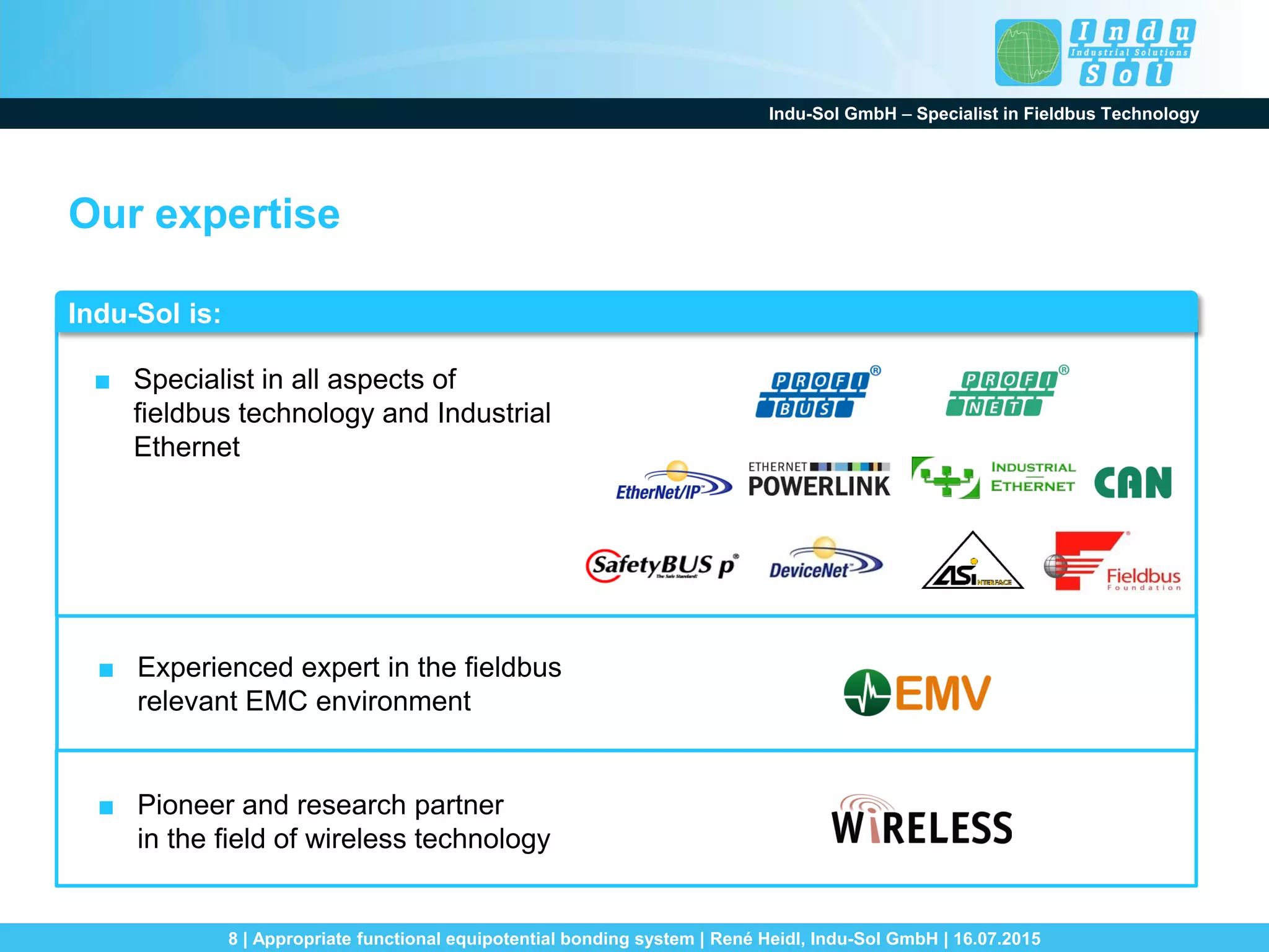 Indu-Sol GmbH – Specialist in Fieldbus Technology
8 | Appropriate functional equipotential bonding system | René Heidl, Indu-Sol GmbH | 16.07.2015
cv
Our expertise
Indu-Sol is:
■ Specialist in all aspects of
fieldbus technology and Industrial
Ethernet
■ Experienced expert in the fieldbus
relevant EMC environment
■ Pioneer and research partner
in the field of wireless technology
cv
cv
 