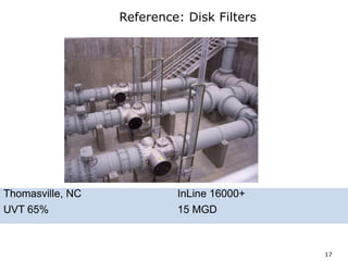 17
Reference: Disk Filters
Insert AQX site photo………
Thomasville, NC InLine 16000+
UVT 65% 15 MGD
 
