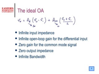 6
The ideal OA
 Infinite input impedance
 Infinite open-loop gain for the differential input
 Zero gain for the common mode signal
 Zero output impedance
 Infinite Bandwidth
 