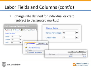 MC University
Labor Fields and Columns (cont’d)
• Charge rate defined for individual or craft
(subject to designated markup)
 
