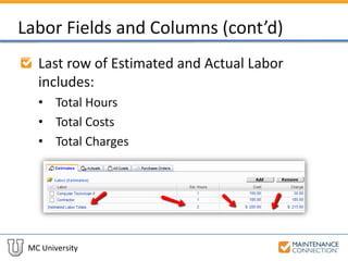 MC University
Labor Fields and Columns (cont’d)
Last row of Estimated and Actual Labor
includes:
• Total Hours
• Total Costs
• Total Charges
 