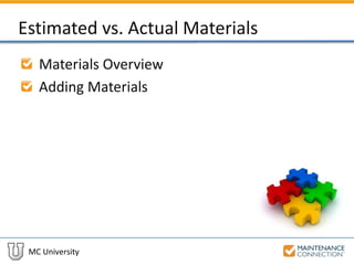 MC University
Estimated vs. Actual Materials
Materials Overview
Adding Materials
 