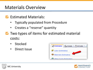 MC University
Materials Overview
Estimated Materials:
• Typically populated from Procedure
• Creates a “reserve” quantity
Two types of items for estimated material
costs:
• Stocked
• Direct Issue
 